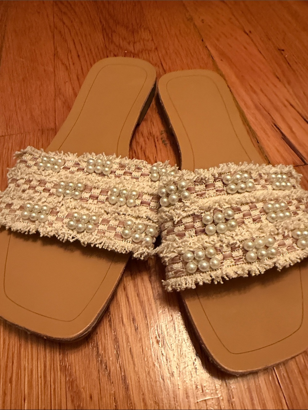 Beaded Cream Slide Sandals - Women